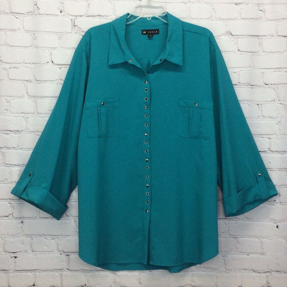 N Touch Tunic Woman’s Plus Sz 3X Teal Sky Snap Up Front Roll Tab Sleeves Casual